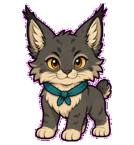 Patch, a soot-grey animated lynx with a teal neckerchief, waving.
