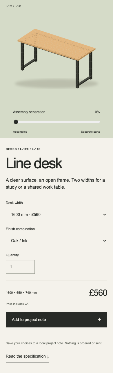 The narrow Line desk page places its drawing above legible width, finish and quantity controls.