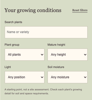 Morrowfield's catalogue filters form a compact two-column panel at a 390-pixel viewport, with controls for growing conditions and plant size.