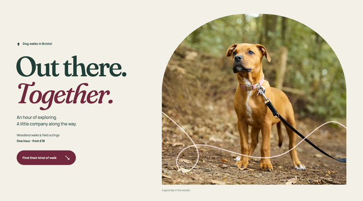 Moss & Mile pairs a large woodland dog photograph with green and burgundy type and a walk-selection action.