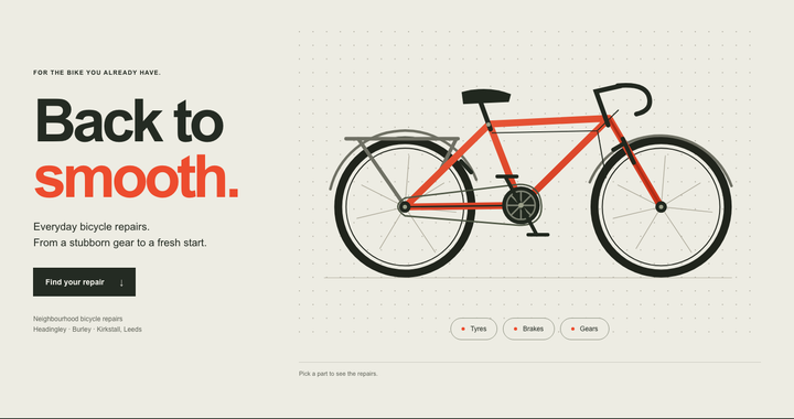 Second Spoke's repair-site opening combines bold black and coral lettering with a large bicycle drawing.