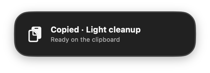 Billie Flow's HUD reads Copied, Light cleanup, and Ready on the clipboard beside a document icon.