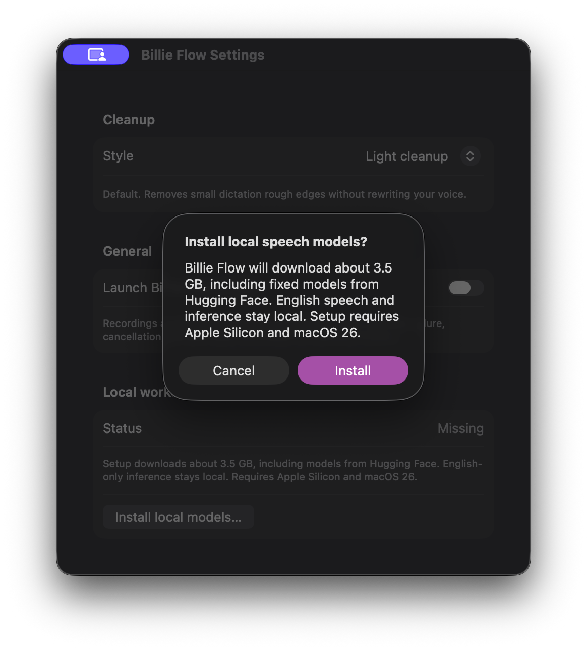Billie Flow's Install local speech models dialog says it will download about 3.5 GB from Hugging Face and requires Apple Silicon and macOS 26.