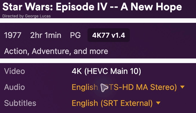 Plex identifies A New Hope as 4K77 v1.4 and lists 4K HEVC video with English SRT External subtitles. The title, edition and media fields are shown in separate crops.