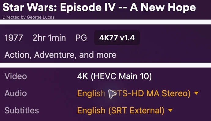 Plex identifies A New Hope as 4K77 v1.4 and lists 4K HEVC video with English SRT External subtitles. The title, edition and media fields are shown in separate crops.
