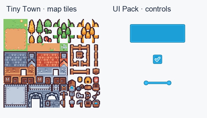 Tiny Town’s pixel-art town tiles appear beside separate blue UI Pack button, checkbox and slider components.