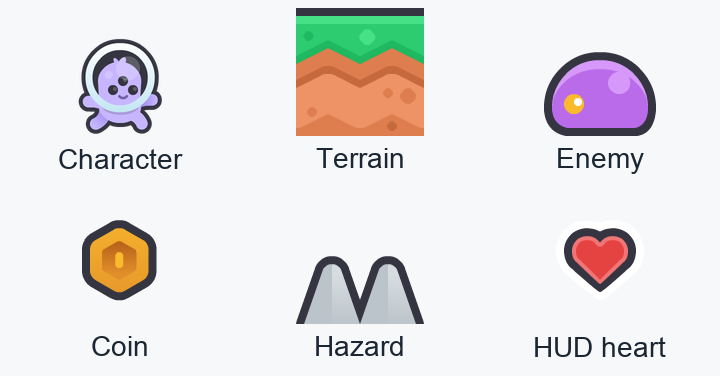 Six assets from one pack: a purple character, grass terrain tile, purple enemy, gold coin, spikes and red HUD heart.