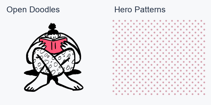 An Open Doodles illustration is shown beside a repeating Hero Patterns background swatch, contrasting a foreground character with a small repeated motif.