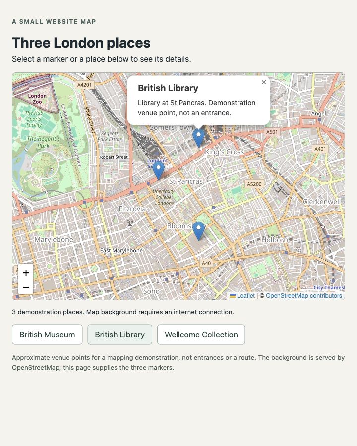 A local Leaflet page shows three markers over London streets, with the British Library's popup open.