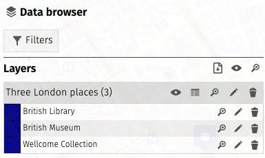 uMap's expanded places layer lists British Library, British Museum and Wellcome Collection, with table, layer and feature editing controls.