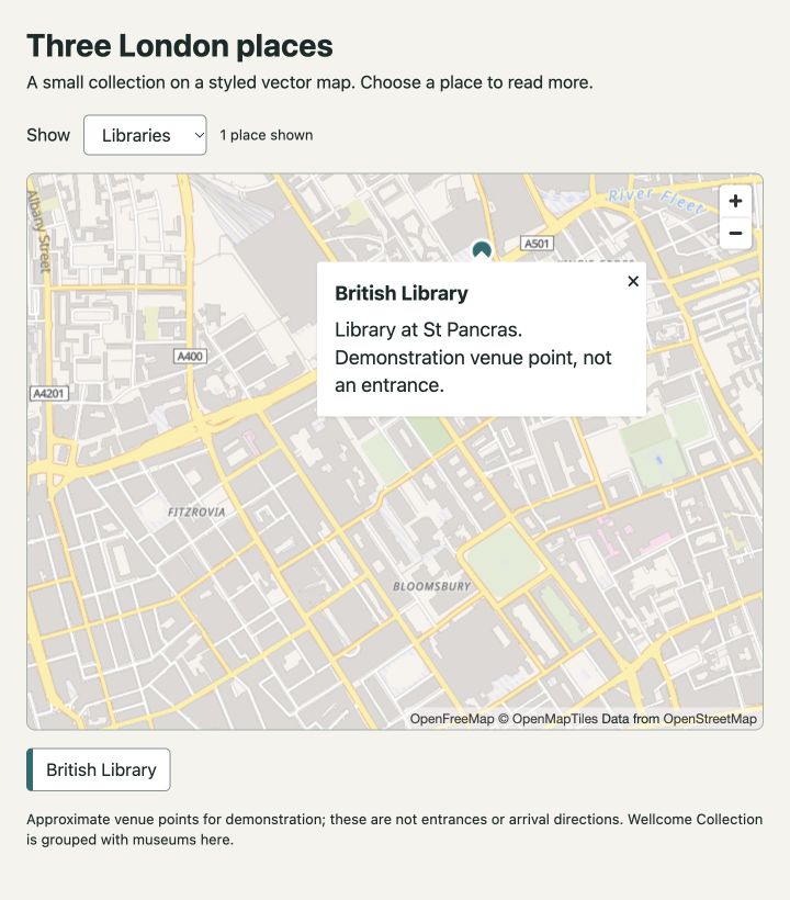 The MapLibre example has Libraries selected and reports one place shown, with the British Library popup over the OpenFreeMap background.