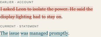 The earlier isolation request and refusal are struck through above the introduced reassurance, ‘The issue was managed promptly.’