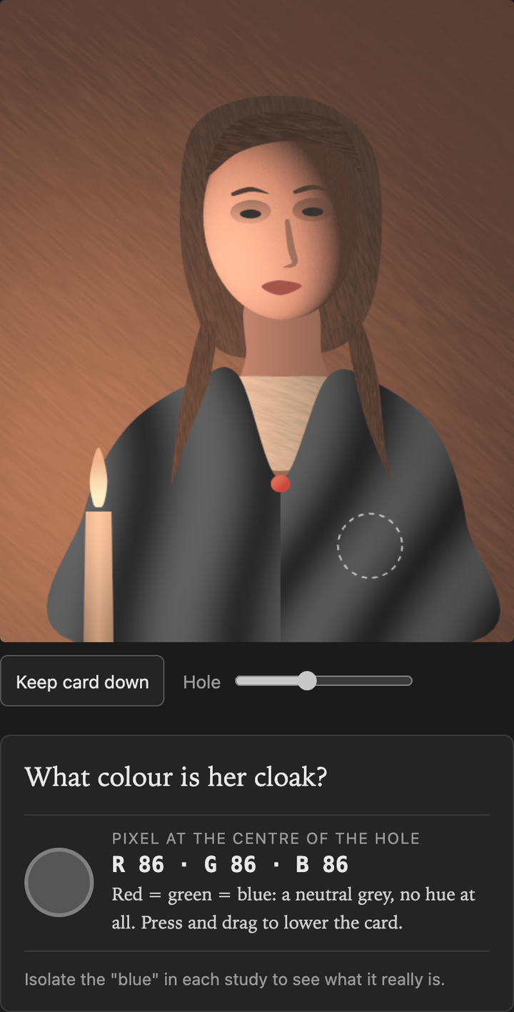 A candlelit portrait on a dark background, a dashed sampling circle, Keep card down and Hole controls, and an RGB 86, 86, 86 readout.