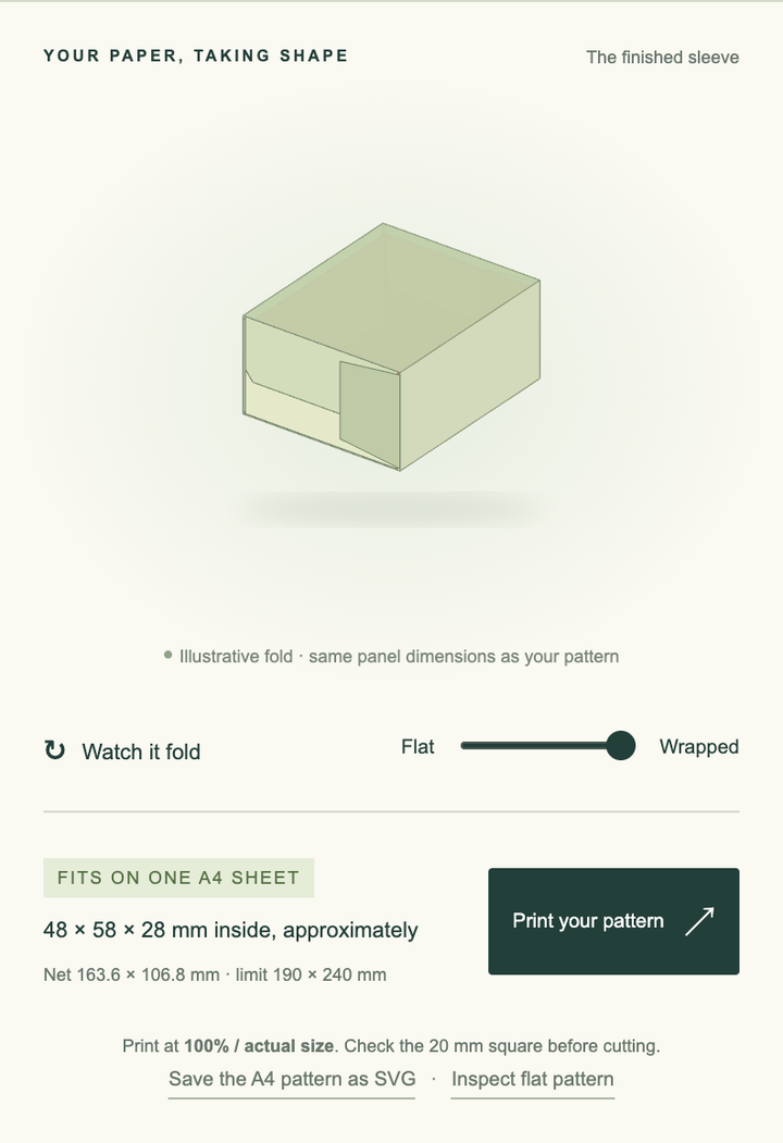 A pale green closed sleeve above a fold slider, approximate inside dimensions and a Print your pattern button.