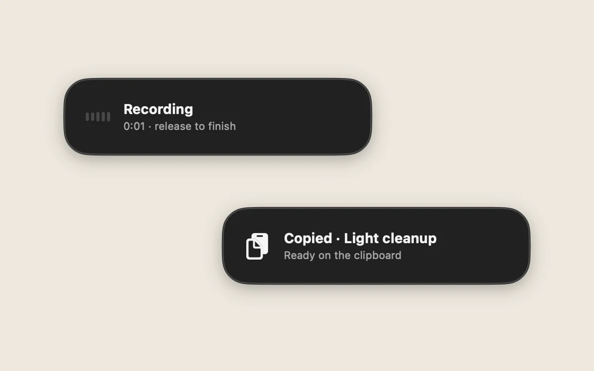 Two Billie Flow status panels show the app recording audio and then copying a lightly cleaned transcript to the clipboard.