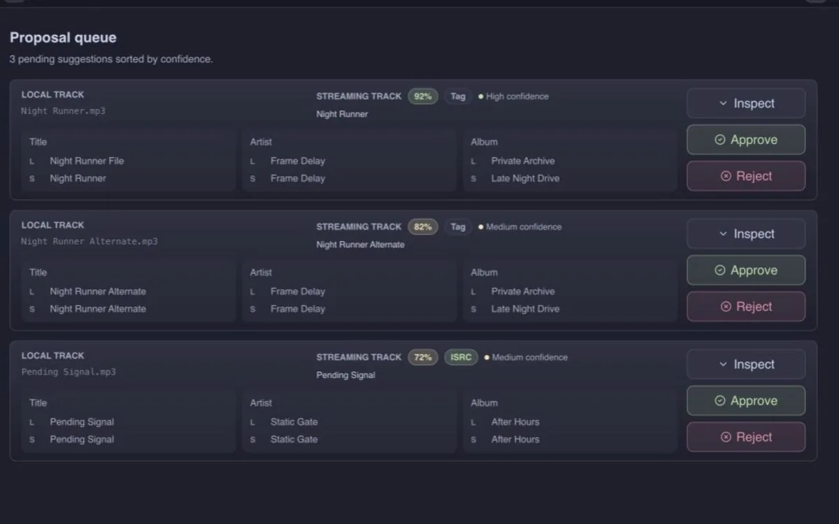 Crate Lynx proposal queue comparing local and streaming tracks with approve and reject controls.