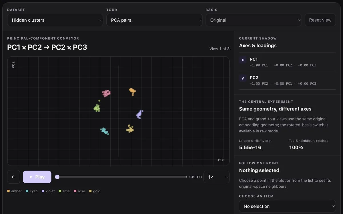 The Embedding Tours interactive plotting coloured clusters with axis, basis, and playback controls.