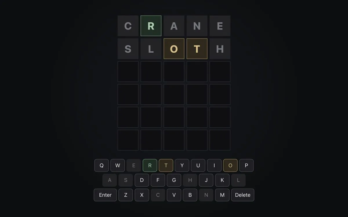 The Daily Five puzzle after two guesses, with coloured letter feedback and an on-screen keyboard.